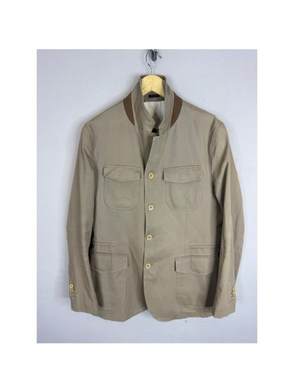 Massimo Dutti Mens M Tan Cotton Field Jacket Stand Collar Button Zip Utility Med